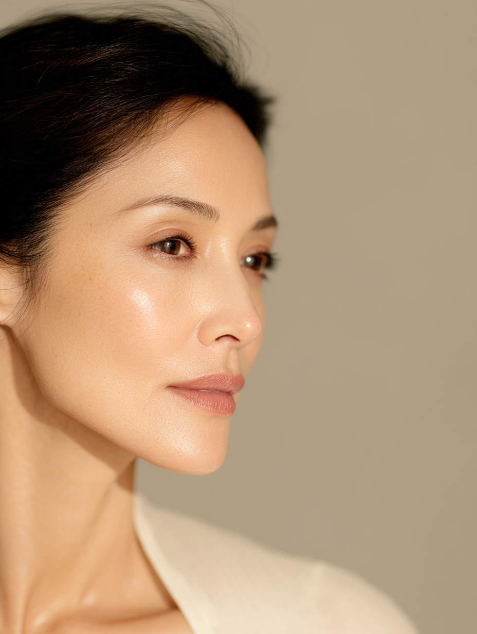 Close editorial profile of a woman with a defined jawline and neckline on a warm taupe backdrop, representing XeRF radiofrequency skin tightening at Deluxe Med Spa & Wellness