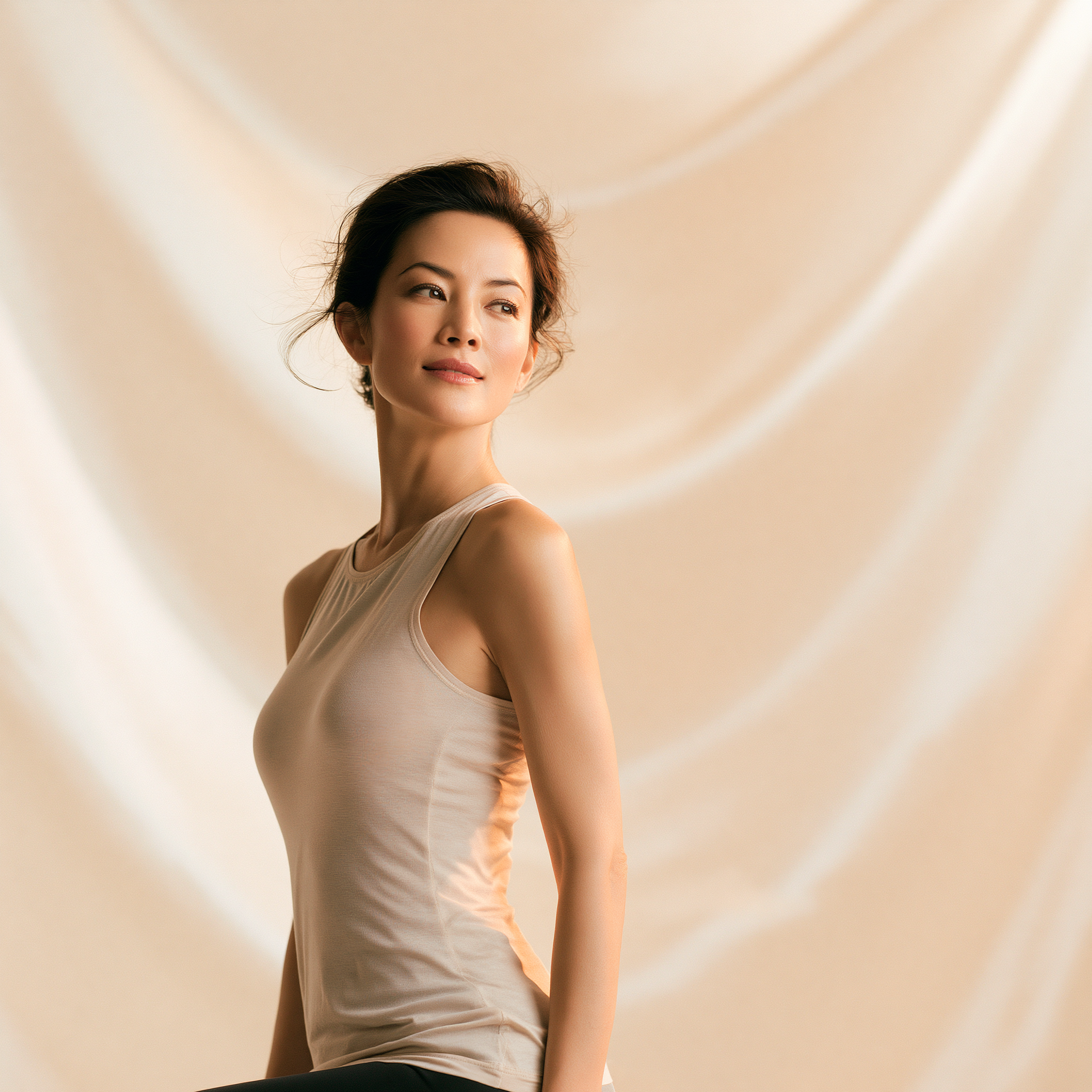 Woman in a beige tank top with luminous skin looking upward against warm satin drapery